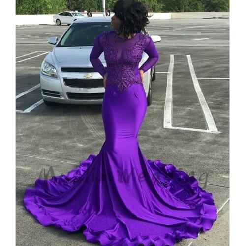Purple Mermaid Plus Size Prom Dresses Long Sleeve Lace African Black Girls Evening Dress Tight Modest Appliques Formal Dress
