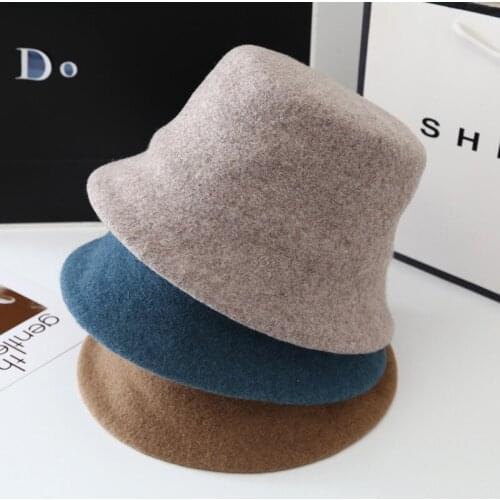 Hot Selling Hats For Women Autumn Winter Hat Bucket Hat Flat Top Wide Brim Wool Keep Warm Solid Color Windproof Adult Cap Female