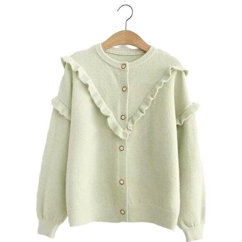 Womens Solid Sweaters Japanese Knitted Ruffled Sweet Round Neck Loose Solid Color 2020 Autumn Winter Sweet Girls Cardigan