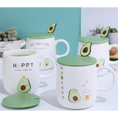 Mugs Coffee Cups Ceramic Kawaii Funny Creative Color Heat-resistant Avocado Mug with Lid 450ml Kids Office Home Drinkware Gift