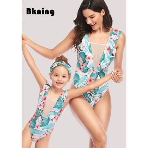 Parent-child Swimwear Women Sexy Mother Daughter Swimsuit One Piece Girls Bathing Suit Family Matching Outfits Floral Print Swim