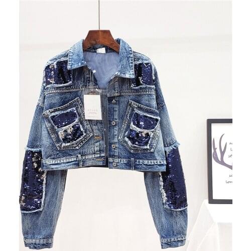 Autumn Fashion Sequins Splicing Denim Jacket Women Loose Batwing Sleeve Short Outwear Korean Jeans Jacket Coat Female Streetwear