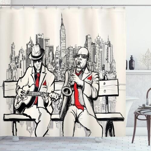 Music Shower Curtain Set Jazz Men Band Playing Beats on Street Curtain for Bathroom Decor 12 Hooks Decorative Bath Accessory