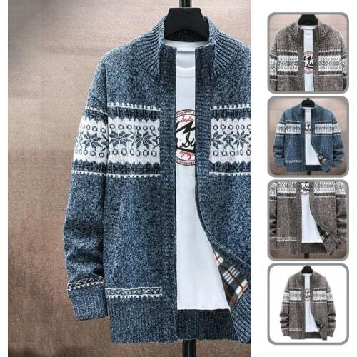 Soft Classic Thick Printing Knitted Cardigan Sweater Autumn Winter Sweater Coat Zipper Closure for Outdoor