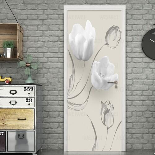Modern Simple White Flowers Door Sticker Living Room Bedroom PVC Self-Adhesive Waterproof Mural Wallpaper For Walls 3 D Stickers