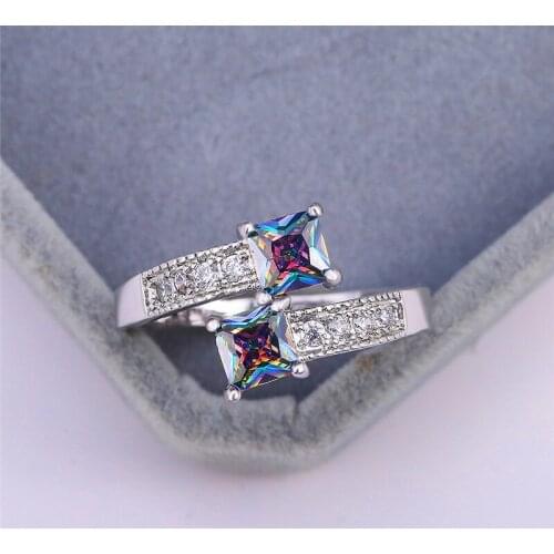 Charm Female Square Rainbow Stone Ring Fashion Dainty Zirconia Silver Color Rings For Women Love Wedding Band Engagement Ring