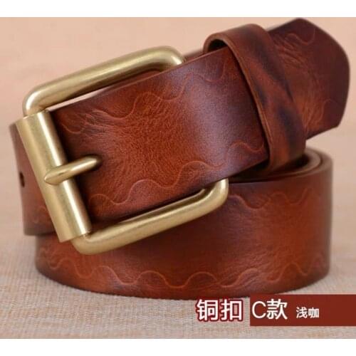 Mens leather pin buckle belt retro cowhide copper buckle belt personality young and middle-aged casual trend jeans belt