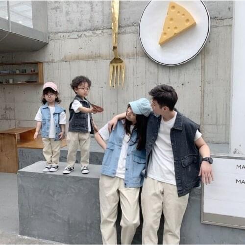 Family Fitted Father&Mother&Son &Daughter Spring Summer Denim Vest Baby Boys Girls Child Waistcoat Loose Denim Vest For Children