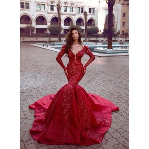 Gorgeous Red Mermaid Prom Dresses Long Sleeve V Neck Lace Beaded Formal Sexy Evening Dress Arabic Kaftan Party Gowns
