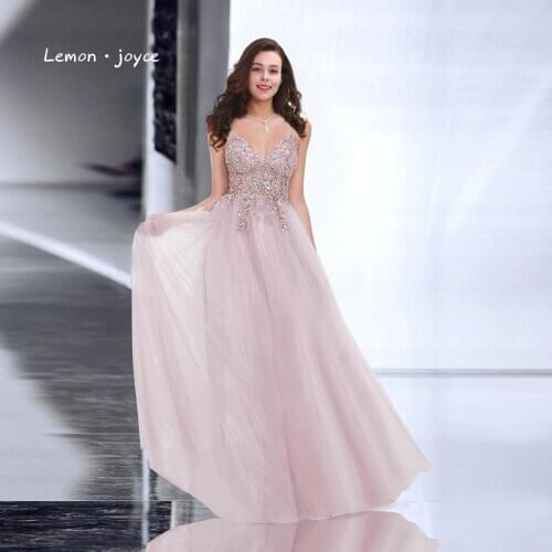 Lemon joyce Champagne Evening Dresses 2020 Sexy Illusion Backless V-neck Beading A-line Prom Party Gowns Plus Size