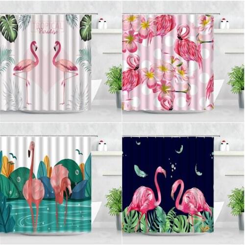 Red Flamingo Bathroom Shower Curtains Hooks Bath Screens Tropical Plants Green Leaves Pink Flowers Stripe Scenery Decor Curtain