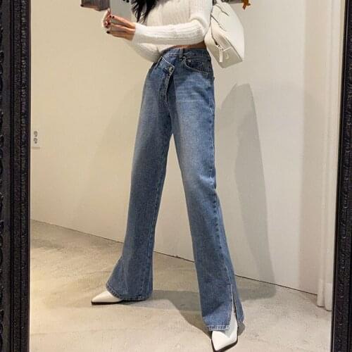 Pantalon Femme Side Split Casual Straight Pants Women Denim Trousers Streetwear High Waist Female Blue Jeans
