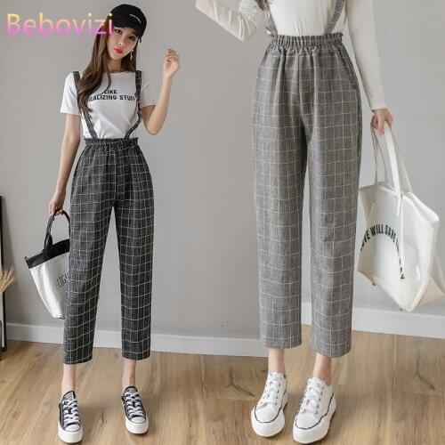 2021 Cotton Linen Summer Loose Black Gray Plaid Strap High Waist Ankle-Length Pants for Women Street Elastic Waistband Trousers