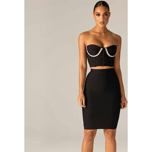 High Quality Womans Set Sexy Strapless Two Pieces Bandage Set Crop top & Knee Length Skirt 2021 Vintage Elegant Evening Party