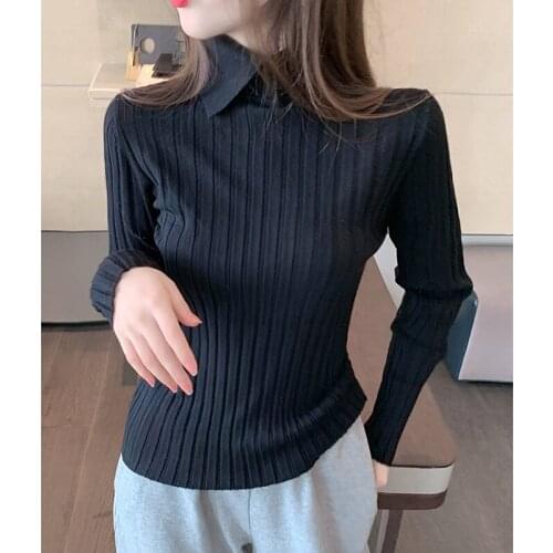 Harteen Vintage Turn-Down Collar Spring Autumn Long Sleeve Women Clothing Femme Top Thin Sweater Pullover Fashion All Match
