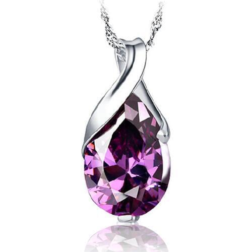 Latest New Amethyst Purple CZ with 925 Sterling Silver Water Drop Pendant Necklace Nice Woman Fashion Jewellery W