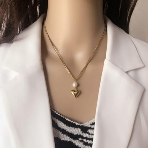316L Stainless Steel New Fashion Upscale Jewelry Double Chain Pearl Love Heart Charms Choker Necklaces & Pendants For Women