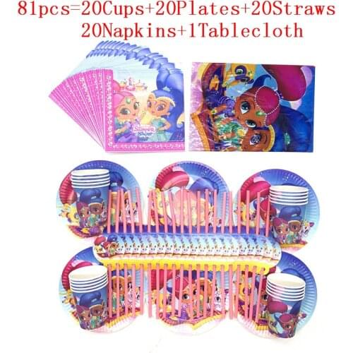 51/81 pcs Disposable Tableware Shimmer and Shine Theme Party Kids Birthday Party Tableware Set Paper Plate Cup Party Decoration
