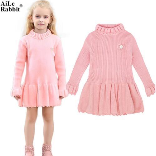 AiLe Rabbit Autumn Winter Girls Dress Long Sleeve Sweater Dress Corsage Loudspeaker Sleeves High Quality Brand Pink Red k1