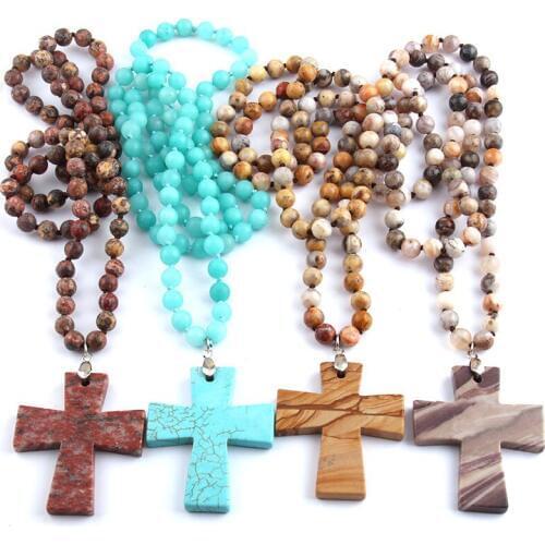 Free Shipping Fashion Semi Precious Stones Beads Statement Necklaces long Knotted Beads Cross Necklace