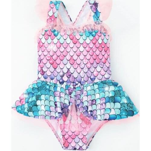 Kids Swimwear for Girls Baby Bath Tub Set Kids Fish Scales Printed Swimwear for Girls Children Causal One-Piece Beachwear