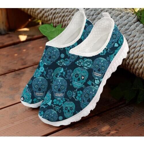 ELVISWORDS Sneakers Women Casual Sugar Skull Pattern Flats Ladies Summer Shoes Air Mesh Female Comfortable Mesh Beach Loafers