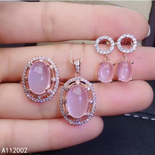 KJJEAXCMY fine jewelry natural Rose Quartz 925 sterling silver women gemstone pendant ring earrings set support test popular