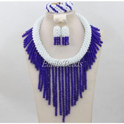 Royal Blue Crystal Beads Jewelry Set White African Costume Beads Jewellry Set Nigerian Bridal Wedding Necklace Set AIJ218