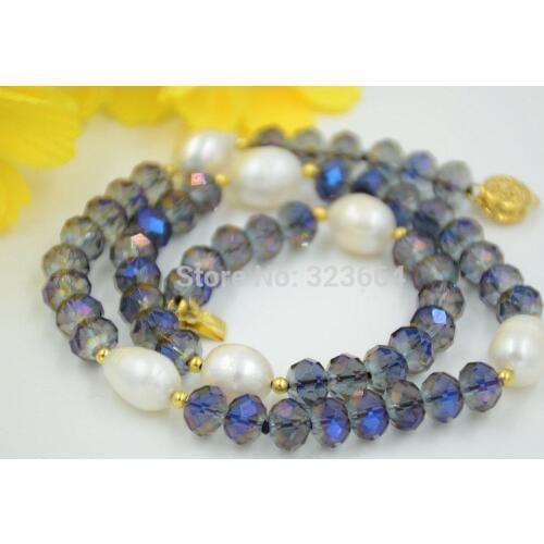 Beautiful 8mm blue faceted crystal white rice pearl necklace 18inch