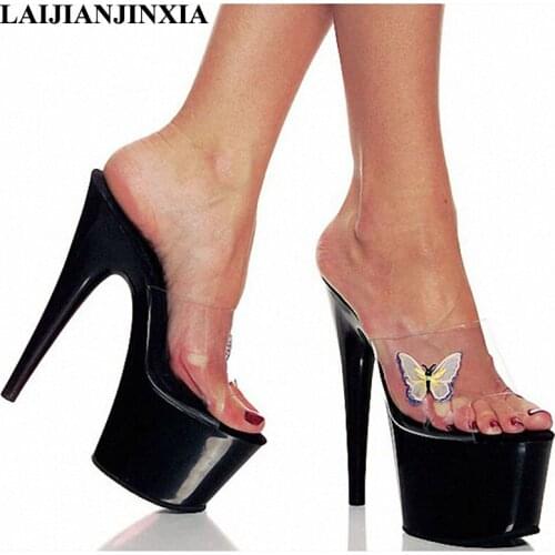 LAIJIANJINXIA Women New Sexy Slippers Shoes Ultra High Heels Dancer Platform Slippers Night Club Party 17CM Dance Shoes