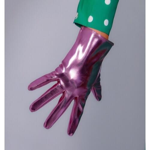 LATEX SHORT GLOVES Faux Shine Patent Leather 8" 21cm Shine Silvery Pink Wrist Long Women Leather Gloves PU276