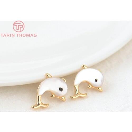 4PCS 12x15MM Hole 1MM 24K Gold Color Brass with Shell Dolphin Charm Pendants for DIY Jewelry Making Findings Accessories