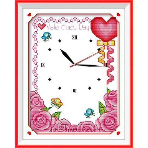 Valentines day cross stitch kit 14ct 11ct count print canvas wall clock stitching embroidery DIY handmade needlework