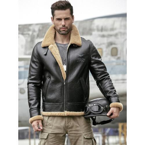 2019 New Mens Black Sheepskin Shearling Jacket Motorcycle Fur Coat Leather Jacket Thick Mens Winter Coats