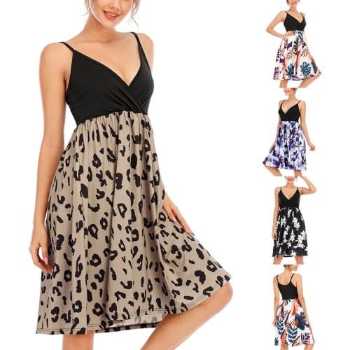 Womens thin shoulder strap deep V sleeveless suspender dress for girls sexy sweet tie-dye leopard print stitching A-line skirt