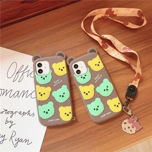 Cartoon Bear Liquid Silicone Phone Case For iPhone 12 11 Pro X XS XR XS Max 8 7 Plus Cute Lanyard Back Cover Case Fundas Capa