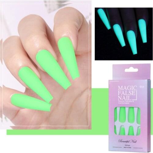 Solid Color Luminous False Nails Matte Extra Long Ballerina Coffin Shape Fake Nail Glow In The Night Art Nail Tips Manicure Tool