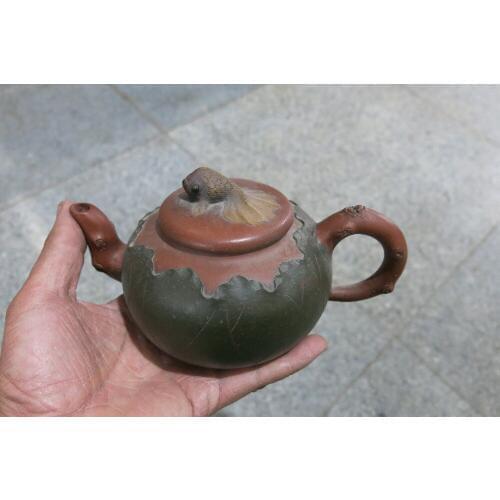 Old Chinese Handcraft Enameled YiXing Zi Sha Clay (Purple stoneware)Teapot ,Small goldfish sleep Lotus.with mark,Free shipping