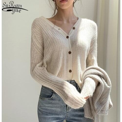 V-neck Sweater 2021 Autumn Single Breasted Sweater Cardigan Women Solid Womens Jacket Slim Knitwear Femme New Fashion 11120