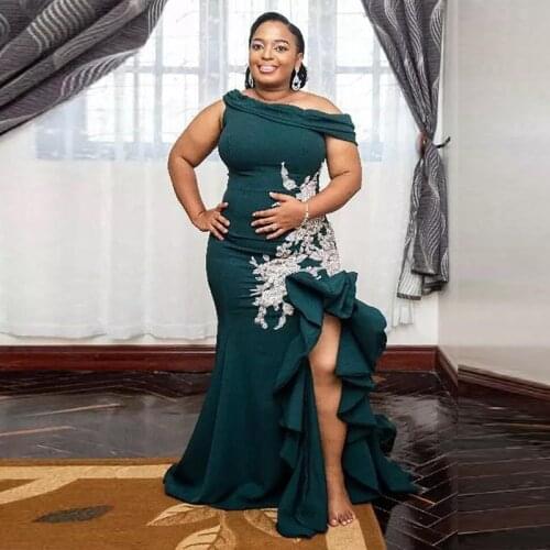 Off Shoulder Evening Dresses Long Merimaid 2021 Beads Split with Rufflie African Women Green Formal Party Prom Gowns Plus Size