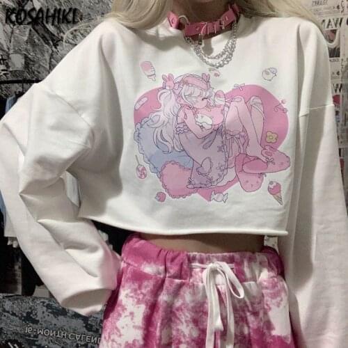 KOSAHIKI Spring Sweatshirt Japanese Kawaii Loose Women Crop Top Long Sleeve Cartoon Print Pullover Harajuku Casual Sweet Hoody