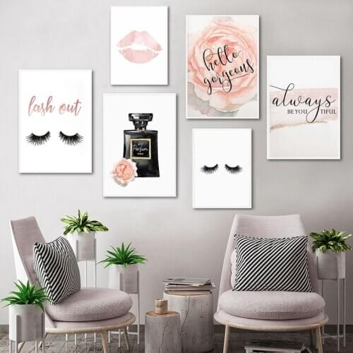 Hello Gorgeous Print Lash Out Sign Perfume Bottle Lips Make Up Fashion Modern Wall Art Watercolor Rose Print Girls Bedroom Decor