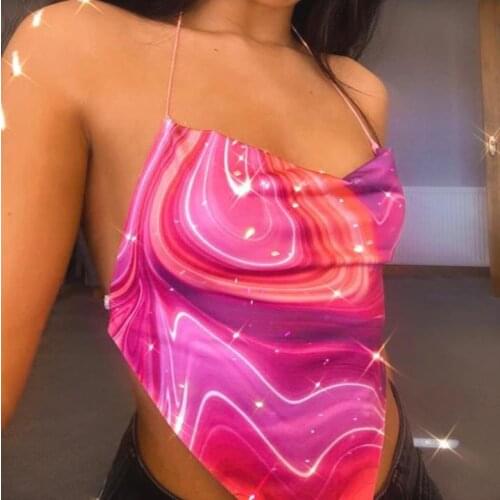 Women Summer Tie-Dyed Camisole Digital Print Spaghetti Strap Sleeveless Cowl Neck Crop Cami Tops