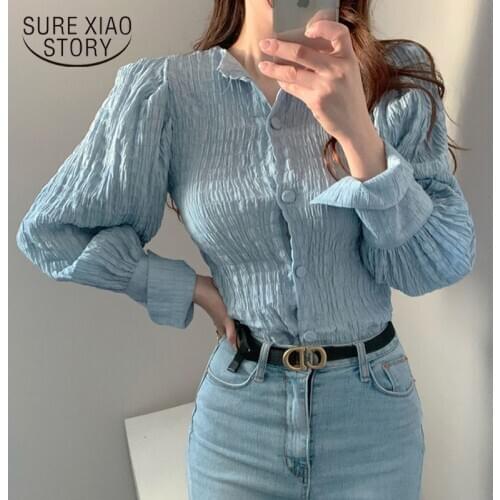 Chic Pleated Slimming Bezel Buckle Lantern Sleeve Shirt Women Shirt Long Sleeve Blouse Women Blouses Fashion 2020 Autumn 10993