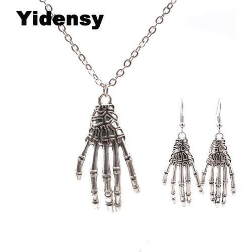 Yidensy Punk Skull Hand Earring Necklace Jewelry Sets Silver Color Skeleton Head Dangle Drop Earring Long Chain Necklaces Women