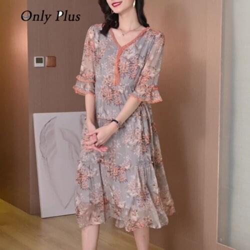 Summer 2021 New Womens High-End Dress Thin Lady Long Skirt A-LINE Mid-Cal V-Neck Butterfly Sleeve Casual Chiffon Style Vestidos