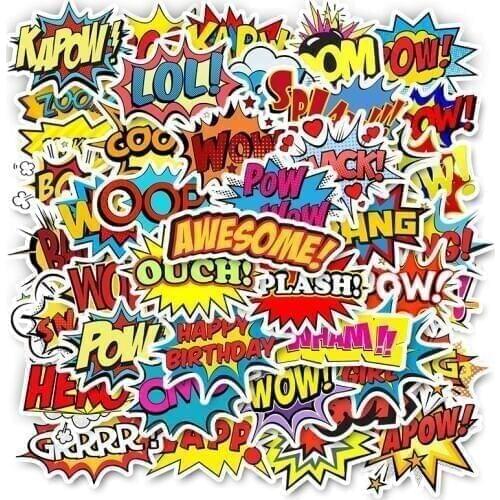 50 PCS Cartoon amazing English WOW POW Stickers For Kids Toy Waterproof Sticker to DIY trunk Laptop Bicycle Helmet Car Decals