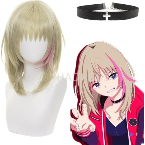 Anime WONDER EGG PRIORITY Kawai Rika Cosplay Wig Necklace Choker Girl Short Goden Pink Hair Halloween Costume Props Accessory