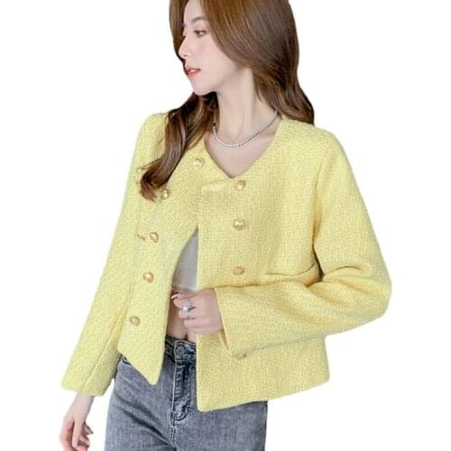 New Tweed Blazer Jacket Women O-neck Long Sleeve Double Breasted Vintage Slim Coat Korean Chic Outerwear Spring Autumn