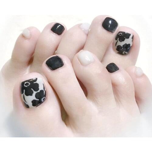 Black and gray hit pure color with flower pattern false nails for toe french 24pcs cute summer toe nails lady full nail tips